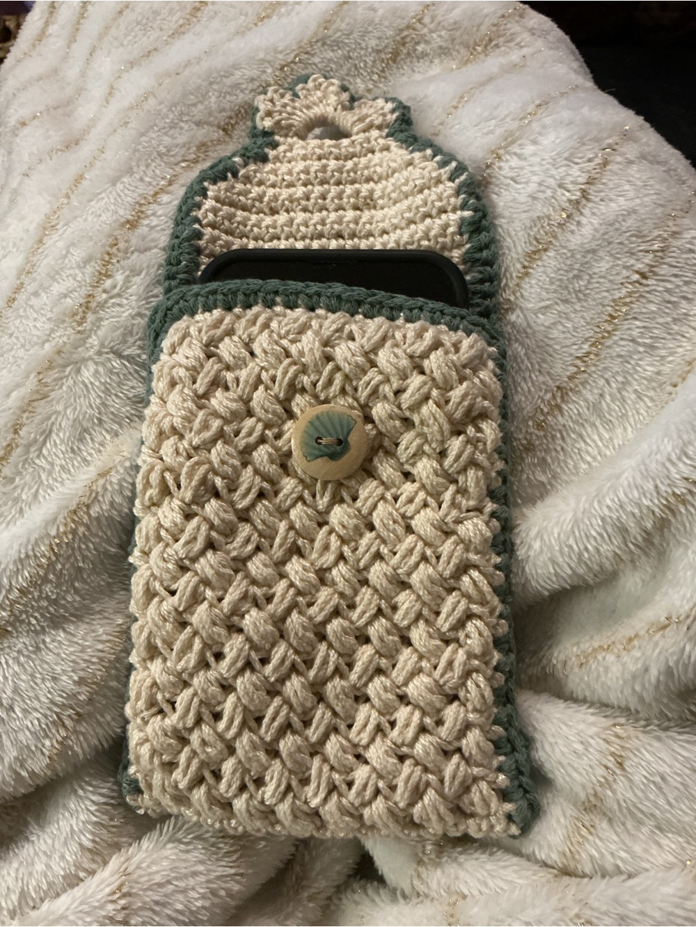 Crochet Phone Sleeve Cream with Green Trim - Picture 2 of 2